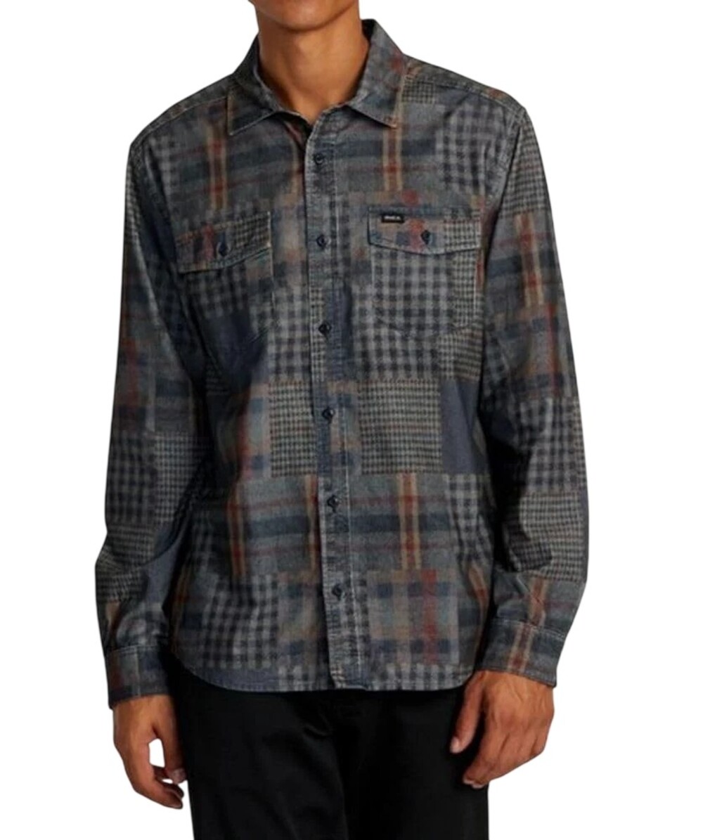 RVCA Freeman Cord Print Shirt M Mens Regular Fit Long Sleeve Woven Navy Marine
